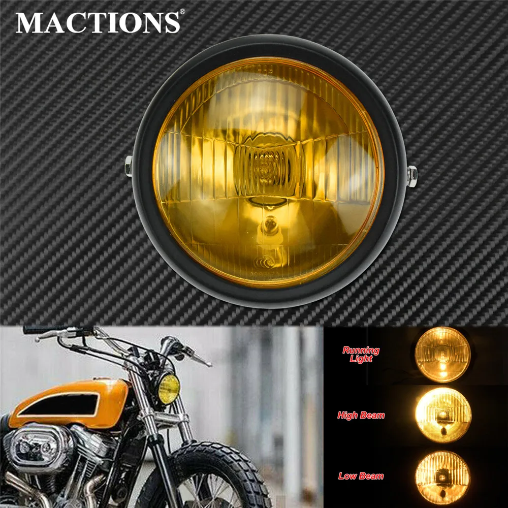 

Motorcycle Amber Retro Headlight Metal Run High Low Beam Headlamp For Harley Touring Dyna Sportster Softail Cafe Racer Cruisers