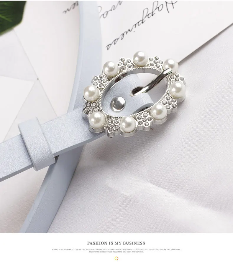 

HUOBAO Leather Belt Women's Fashion Wild Solid Color Belt Alloy Round Buckle Inlaid Pearl Decoration Belts For Women