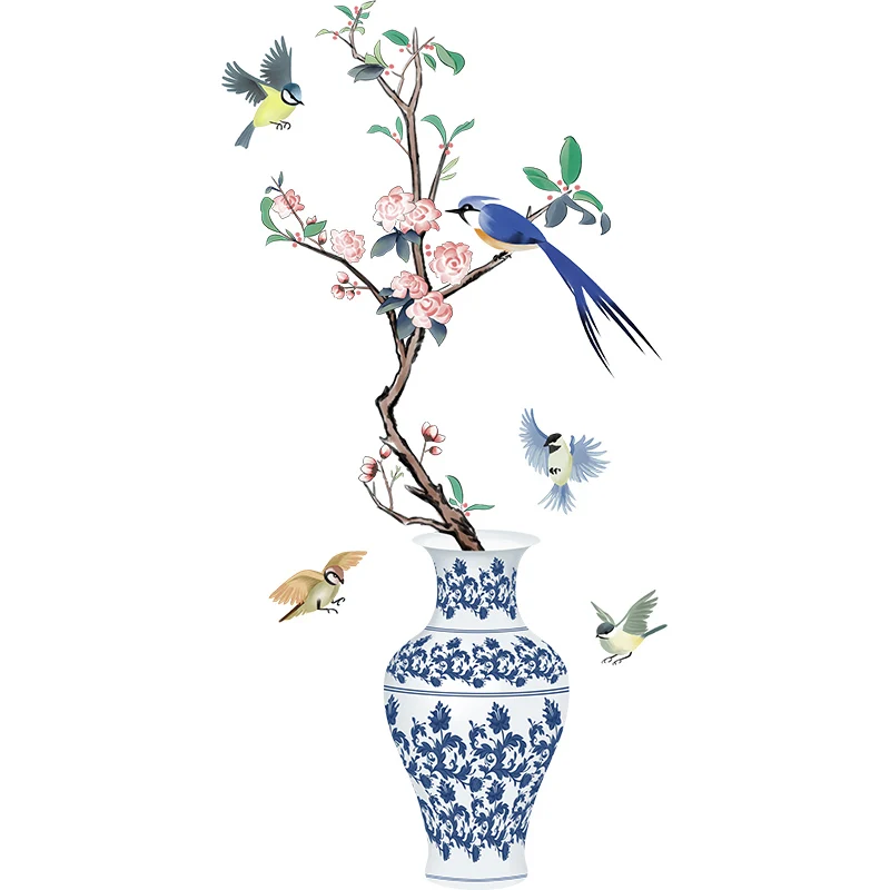 

Chinese Style Vase Flowers Wall Stickers Living Room Bedroom Bathroom Decoration Aesthetic Self-adhesive Wallpaper Decals Art