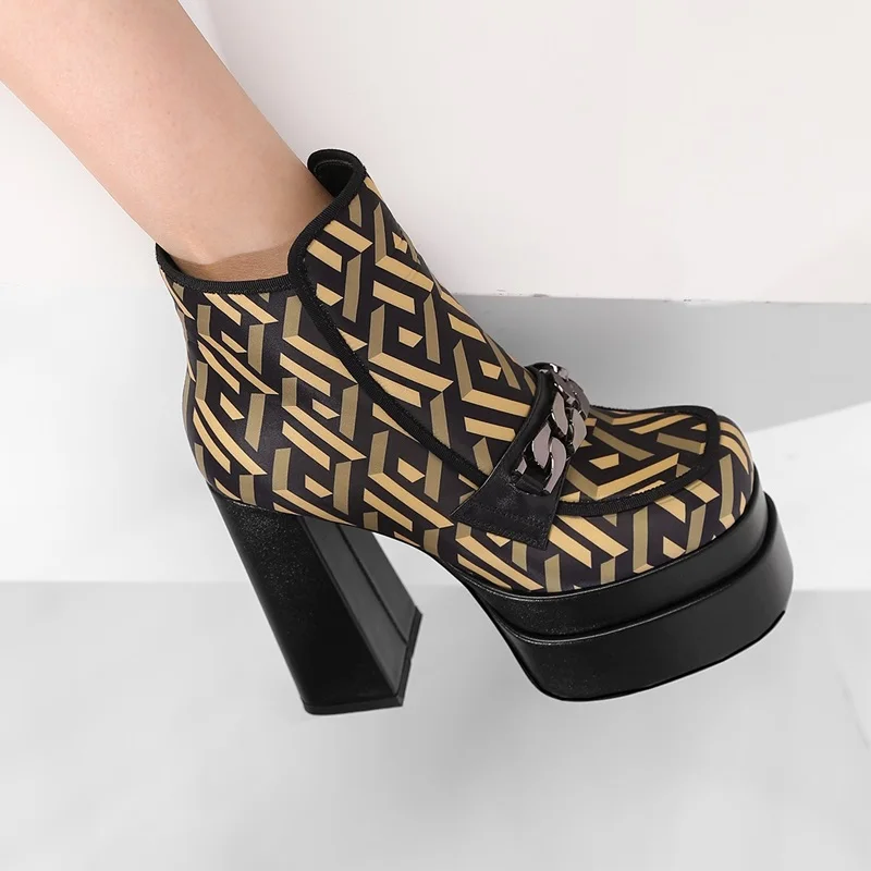 

high quality autumn winter boots ladies platform high heels square toe women shoes print leather party wedding shoes black pumps