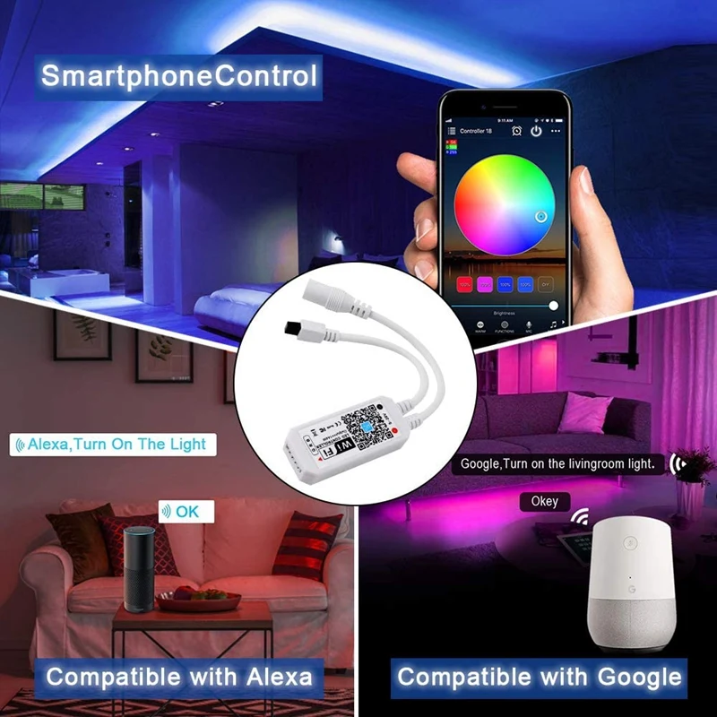 

Умный светодиодный пульт управления Wi-Fi RGB/GRB, совместим с Alexa/Google Assistant, для светодиодной ленты 5050/3528, 24-кнопочный пульт дистанционного управл...