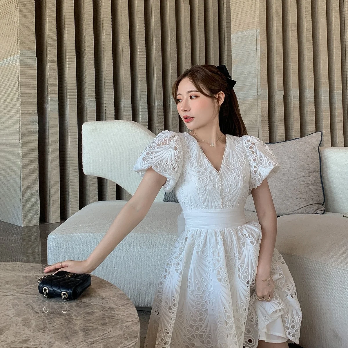 

Fairy temperament embroidery bubble sleeve waist dress 2021 new summer white