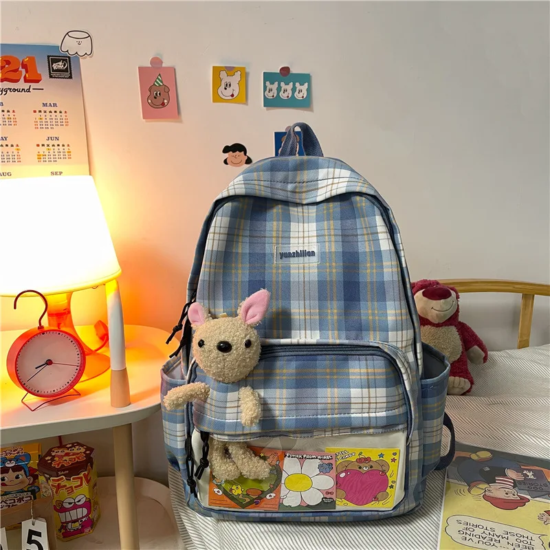 

Cute bear plaid student backpack casual backpacks for school teenagers girls Large-capacity school bags