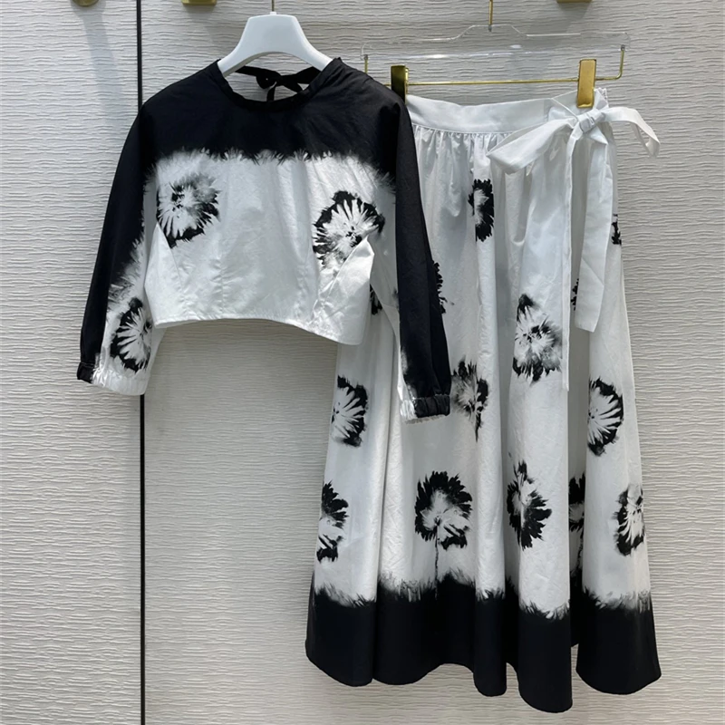 

Женские модные костюмы из 100% хлопка, короткая рубашка с круглым вырезом и длинная Расклешенная юбка, комплект из двух предметов, женские лет...