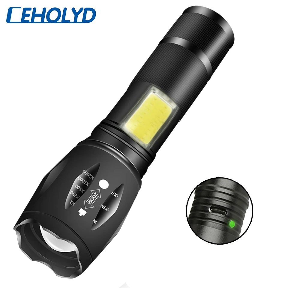 

Светодиодный фонарик XM-L T6 COB, алюминиевый фонарик с 4 режимами, масштабируемый, перезаряжаемый от USB, фонарь для кемпинга, встроенный аккумул...