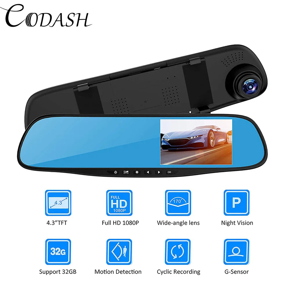 Зеркало-видеорегистратор 4 3 дюйма FUll HD передняя и задняя камеры | Автомобили