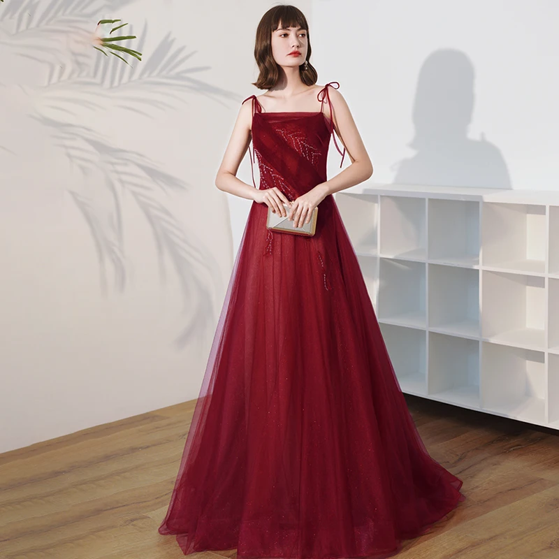 

New Spaghetti Strap Square Collar Evening Dress Elegant A-Line Floor-Length Simple Sequins Tulle Woman Formal Party Gown A492