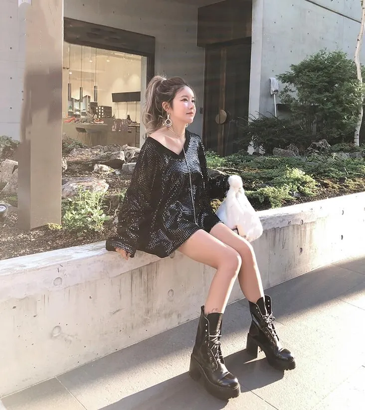 WHITNEY WANG Осенняя мода уличная отверстия блёстки Объемная толстовка женские стильные толстовки пуловер
