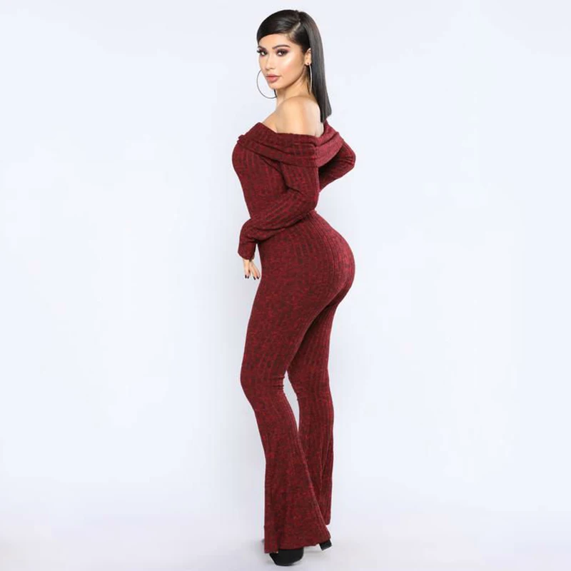 Осенне-зимний женский сексуальный трикотажный комбинезон с длинным рукавом и