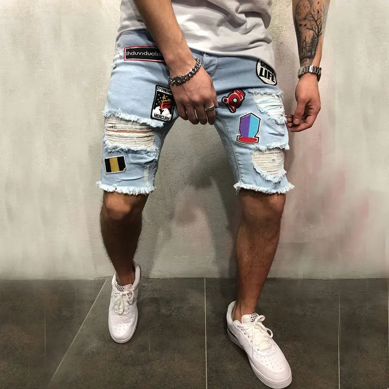 

3 Styles Ripped Summer close-fitting Men's Embroidered printing Shorts Hip-Hop Jogging relaxation Shorts Jeans S—3XL