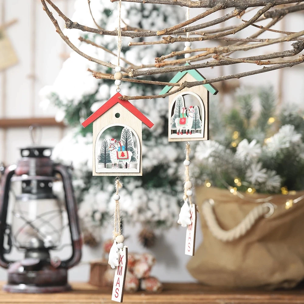 

Wooden Alpaca Diy house Christmas Pendant Xmas Tree Hanging Ornaments wood Craft Kids Gift for photography props wedding decor
