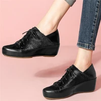 casual shoes women lace up genuine leather wedges high heel pumps shoes female horsehair low top round toe platform ankle boots