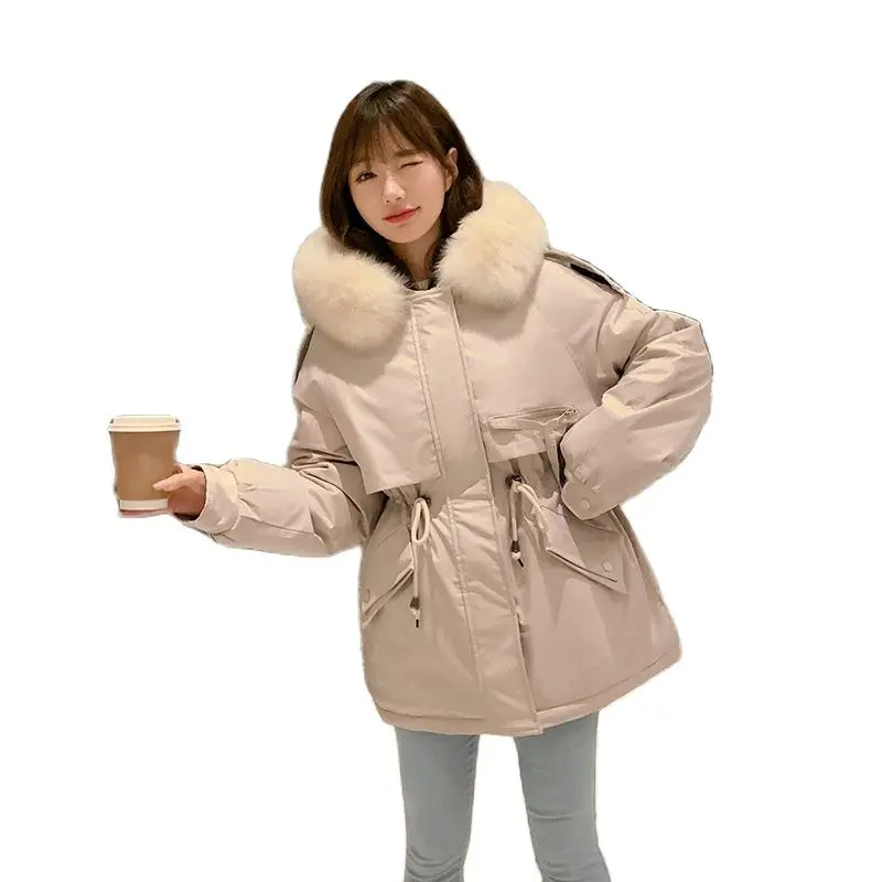 

Women Winter Hooded Faux Fur Liner Zipper Pocket Midi Coat Puffer Jacket Cotton Padded Parkas Warm Outwear Overcoat