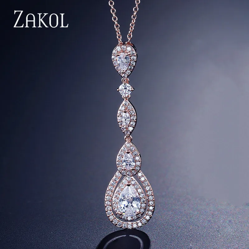 Rose Gold Color ZAKOL Роскошные капли воды груша кубический циркон длинные подвески и ожерелья для элегантных женщин свадебные ювелирные изделия платье FSNP2038 - Окраска металла: Rose Gold Color