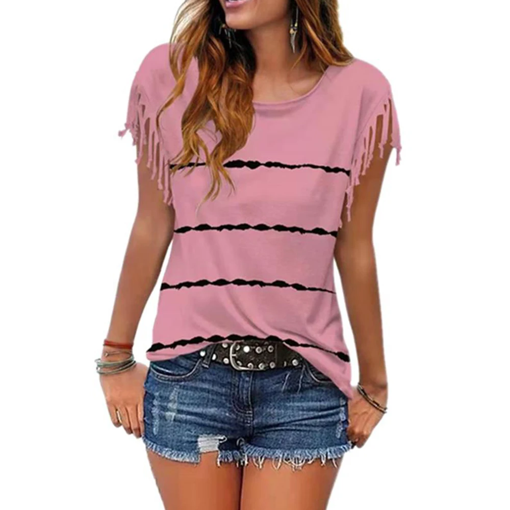 

Кисточки короткий рукав Футболка женская обувь в полоску с круглым вырезом для женщин Топы повседневные футболки Свободная футболка женск...