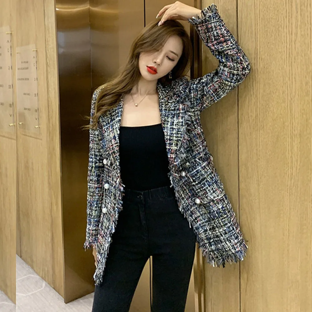 Женская клетчатая куртка с жемчужными пуговицами маленькая верхняя одежда