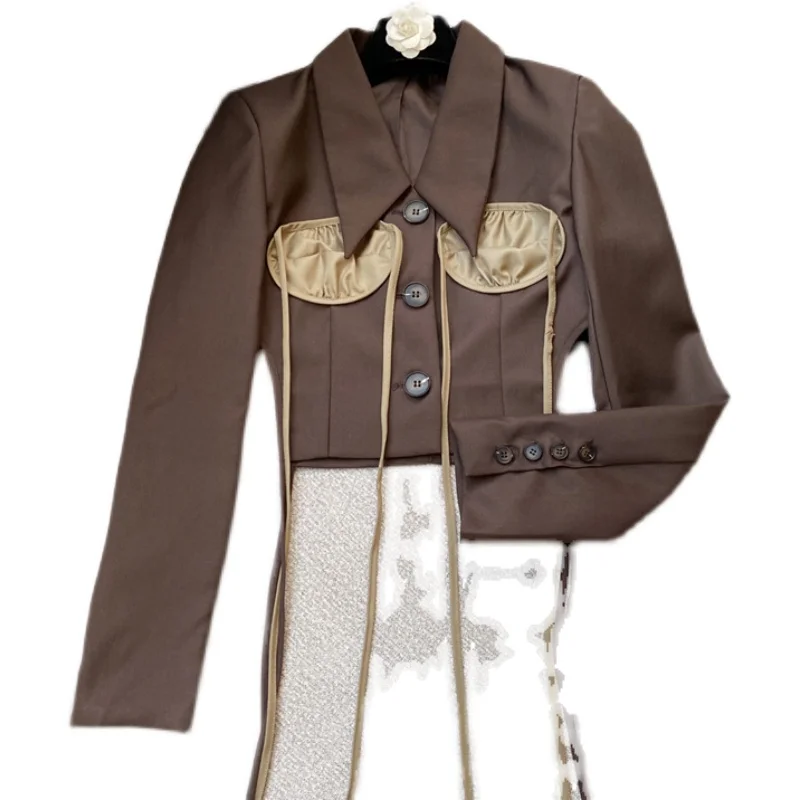 

Lady Short Coat 2021 Autumn New European Design Streetwear Contrast Color Tassel Pocket Outside Long Sleeve Cropped Jacket Women
