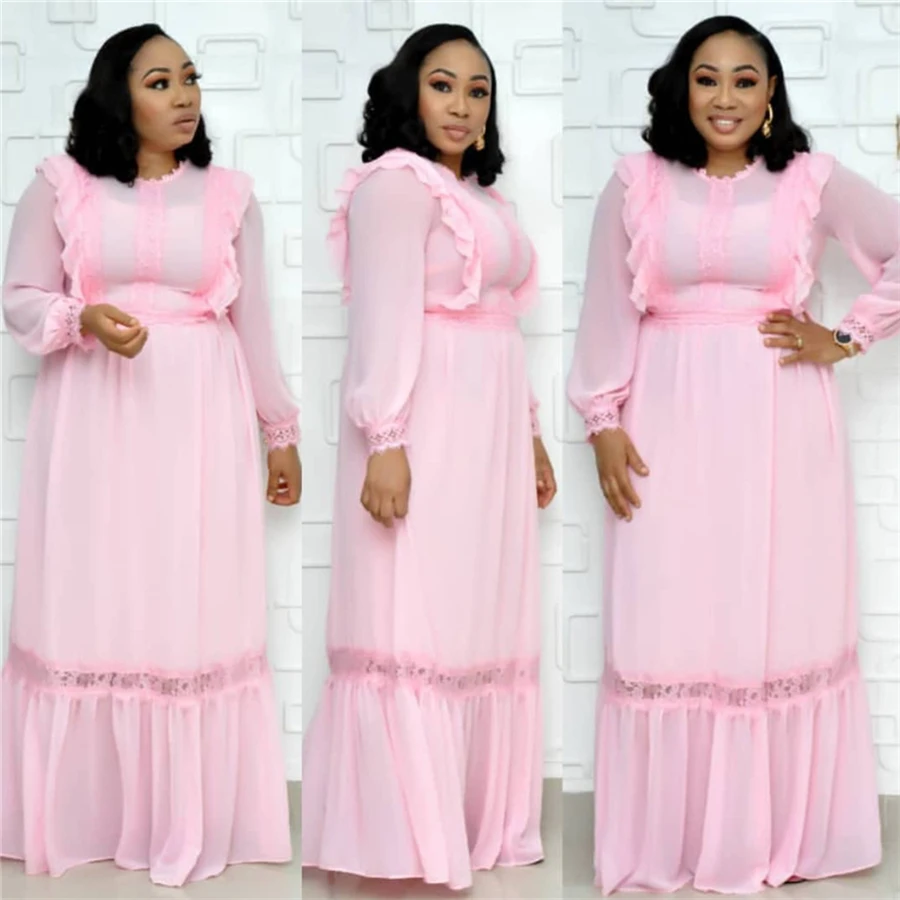 GuyuEra African Dresses For Women's Round Neck Ruffled With Lace Small Lace Round Neck Waist Long Sleeve Loose Hem Dress
