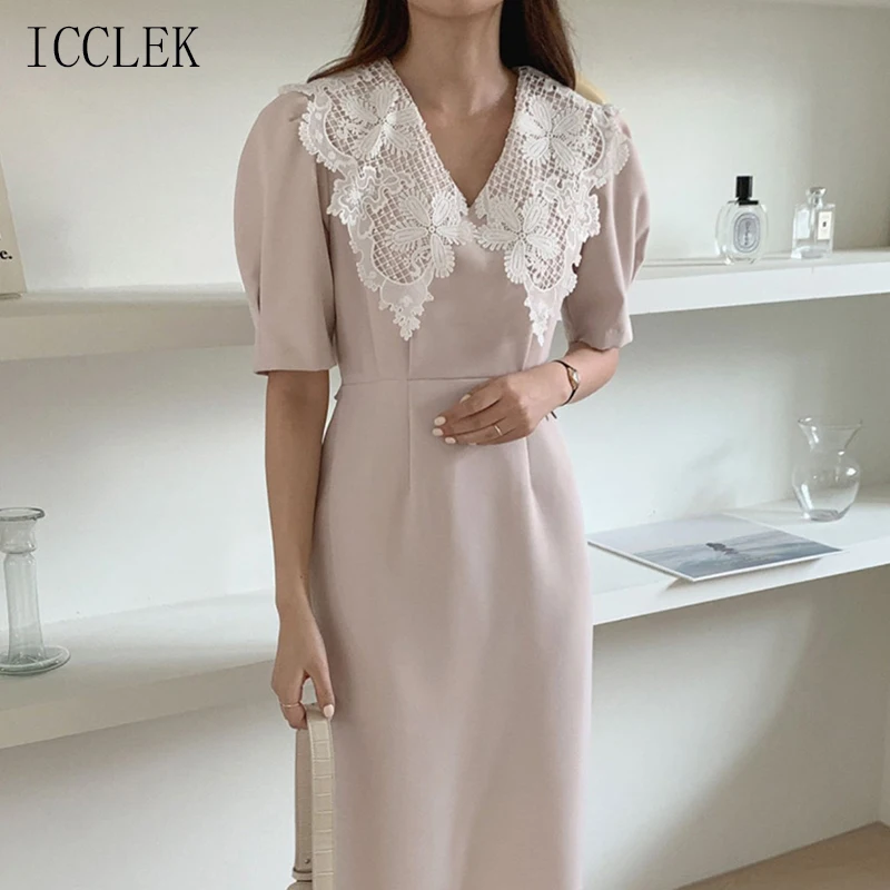 

French Retro V-Neck Contrast Embroidery Elegant Women'S Dress Summer Dress 2021 New Korean Chic Office Ladies Dress Midi Dresses