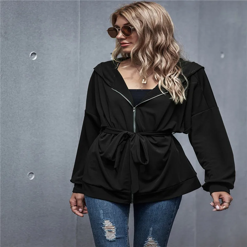 

Women Solid Color Cardigan, Autumn and Winter Bat Sleeve Lace-up Sport Hooded Coat