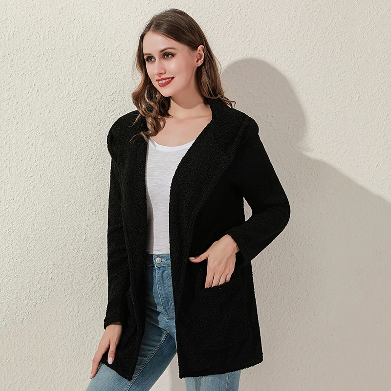 2020 Женские флисовые толстовки с капюшоном на молнии однотонные карманами пальто