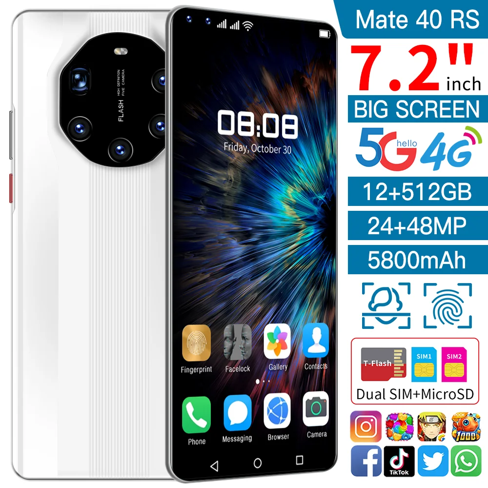 

7.3inch Mate40 RS 24MP+50MP Battery 8GB+512GB 4k 6800mAh glass film Smartphone Android 11 MTK68889 Dual SM+SD Face Unlock