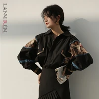 lanmrem 2021 new fashion autumn black print retro shirt females batwing long sleeve personlity blouse vestido yf70101