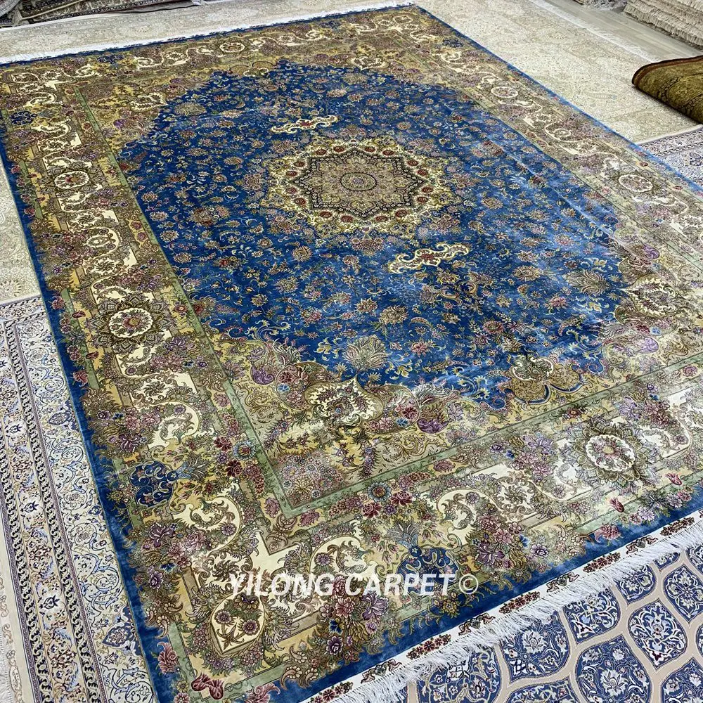 Yilong 10'x14 'ручной работы Турция Hereke ковры медальон синий персидский шелковые ковры(ZQG369A