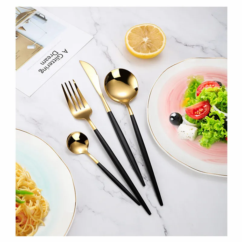 

Black Set Stainless Cutlery Set Cutlery Dinnerware Mirror Gold Tableware Steel Gold Spoon Fork Knive Flatware Set