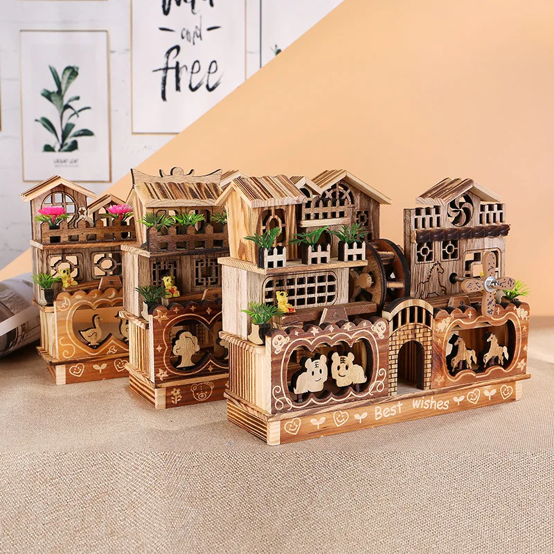 Двухэтажная фотомузыкальная шкатулка классический деревянный дом двойная