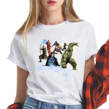 Disney Wome Short Sleeve T Shirt Marvel The Avengers Super Hero Iron Man Spiderman Hulk Graphics Tees Tops Ladies White T-shirt