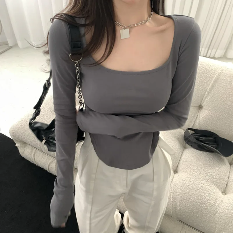 Женская футболка с длинным рукавом и U-образным вырезом в Корейском стиле | одежда