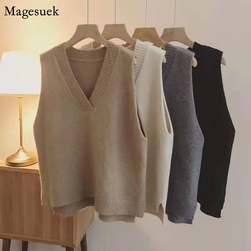 

V-neck knitted Sweater Vest for Women Autumn Winter Loose Women's Sweaters Vintage Cashmere Sleeveless Pullover Vest Tops 17014