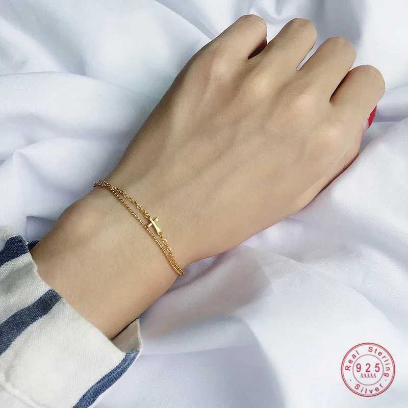 

925 Sterling Silver Simple Cross Bracelet Women Classic Traditional Church Prayer Exorcism Wristband Jewelry Accessories