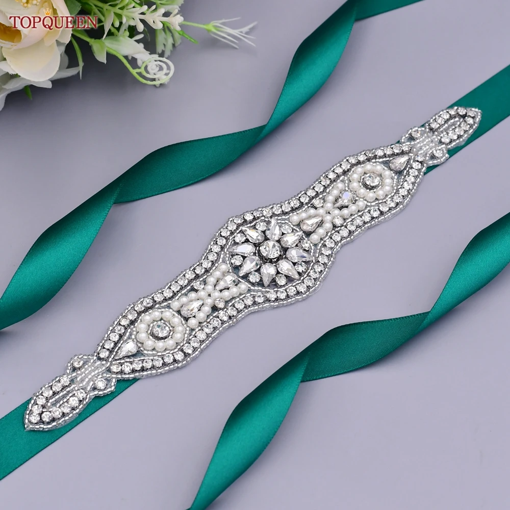 

TOPQUEEN S18 Handmade Diamond Rhinestone Bridal Belts Ribbon Belt Wedding Dress Accessories Women'S Luxury Belt Shine Belt