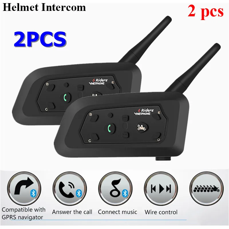 

2PCS Intercomunicador Moto V6 Motorcycle Helmet Intercoms 1200M Wireless Bluetooth Headset For 6 Riders Helmet Intercom MP3 GPS