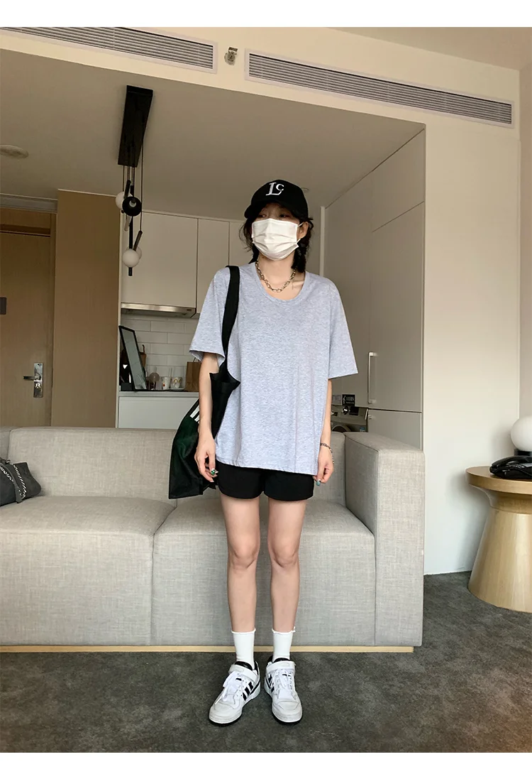 Женская футболка с коротким рукавом однотонная гладкая в простом Корейском