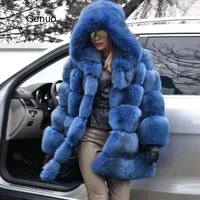 hooded blue fox fur coat thick warm faux fox fur jacket for women outwear long fur coats 2020 winter fashion luxury outwear