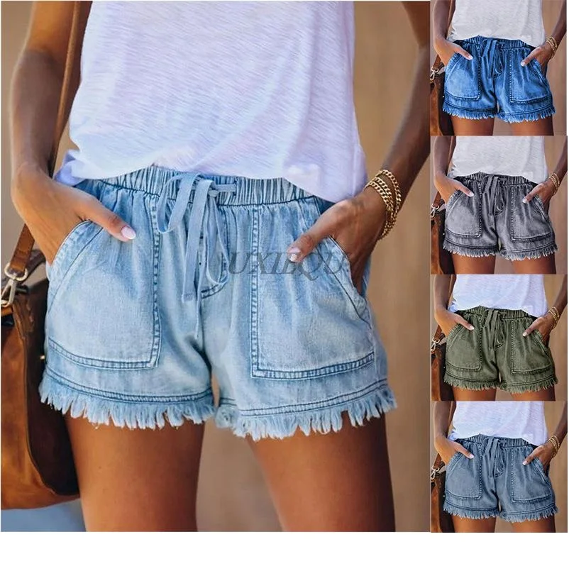 

2021 Women denim summer new wish elastic waist drawstring casual high waist slim denim shorts women