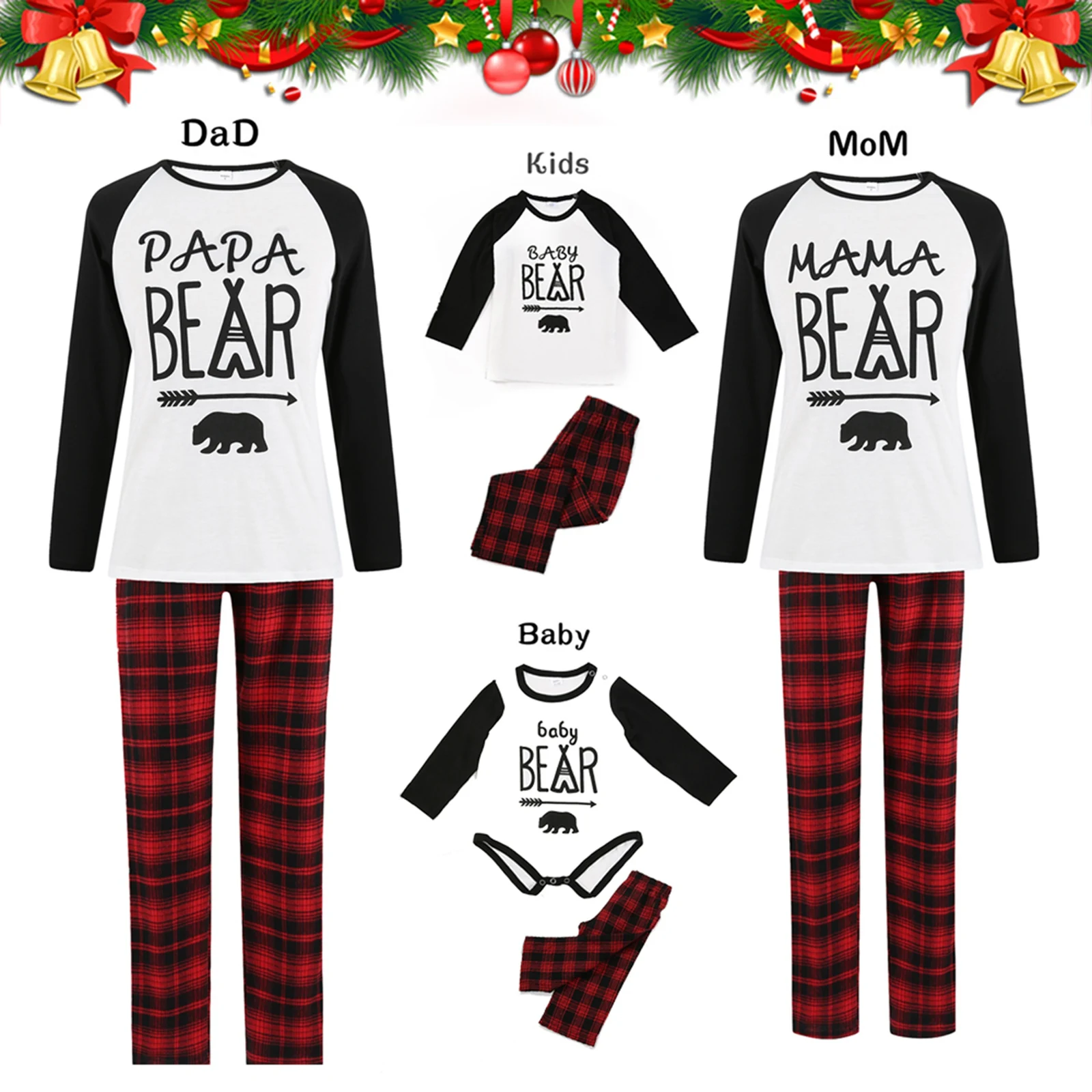 

Christmas Parent-child Pajamas Color Block Bear & Letter Print Long Sleeve Round Neck Pullover/Romper+ Plaid Pants Home Outfit