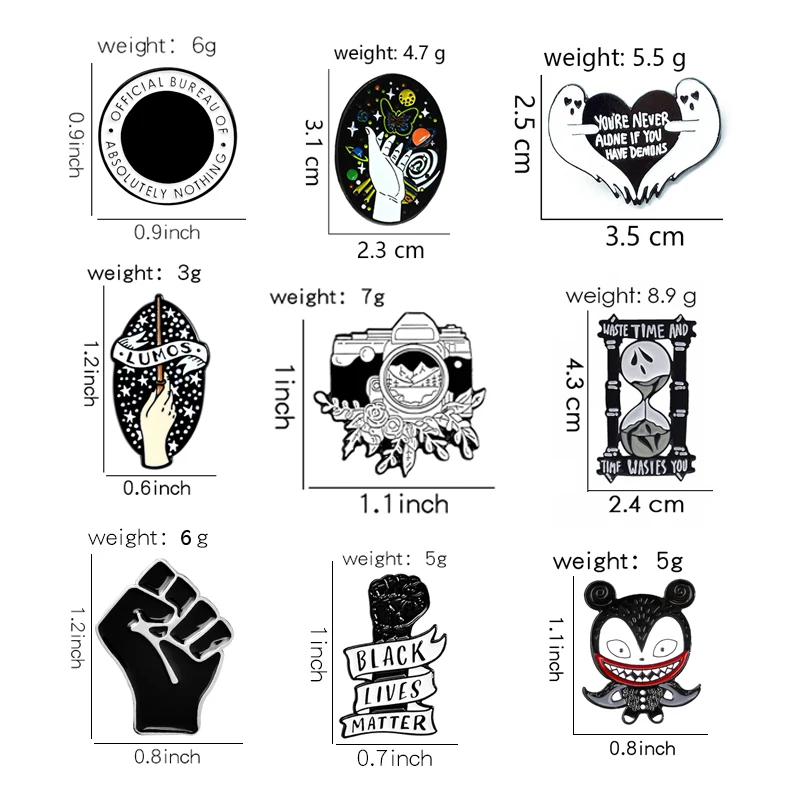 Black white colour Gothic badge jewelry ghost heart skull bat fist Camera hourglass Magic hand circular Enamel Brooch Lapel Pin | Украшения