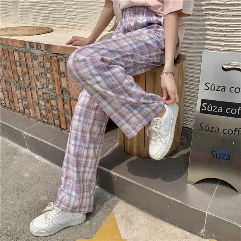 

Plaid pants women's 2021 summer thin Korean Japanese loose thin wide leg pants versatile straight casual pants