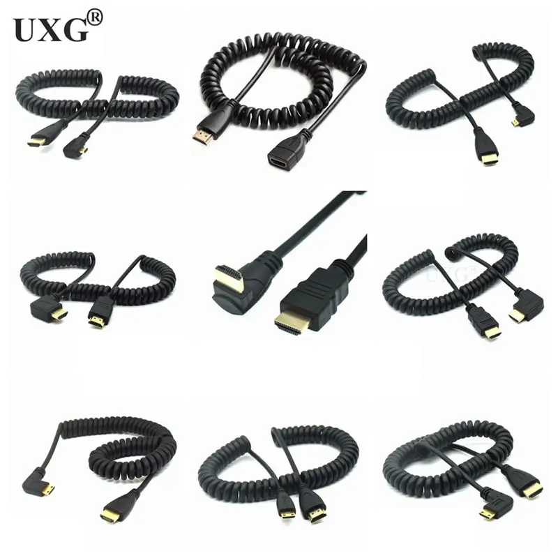 

HD-to Up Down Right Left Angle Mini Micro HD-male To Male Stretch Spring Curl Flexible HDMI-compatible Cable V1.4 DSLR 0.5M 2M