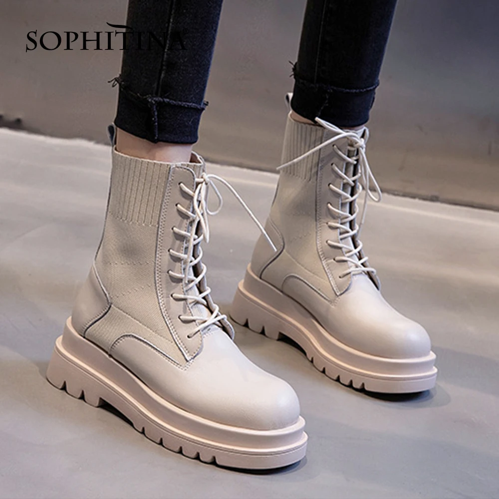 Beli Sepatu Platform SOPHITINA Sepatu Bot Kaus Kaki Jahitan Kulit Fashion Wanita Sepatu Bot Pergelangan Kaki Wanita Elastis Musim Gugur Buatan Tangan Tabung Sedang WO606