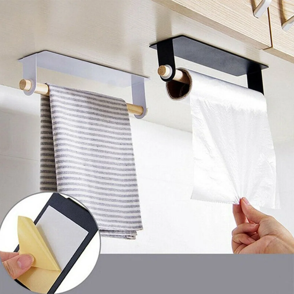 

Kitchen Bathroom Wood Towel Hanger Rack Bar Cabinet Cling Film Rag Hanging Holder Organizer Toilet Roll Paper Holder Self