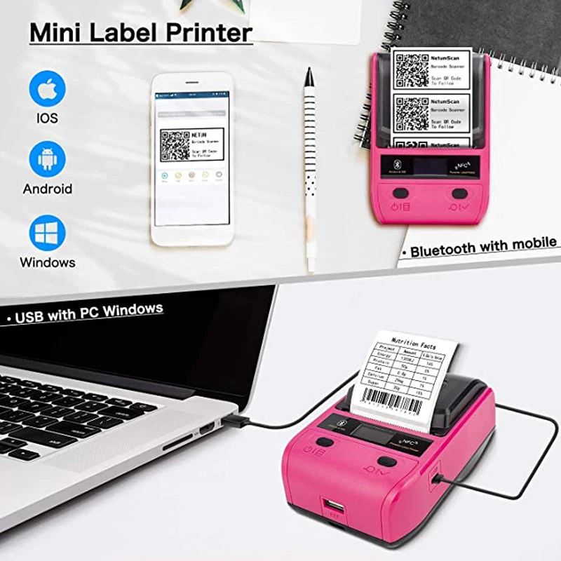 

58mm Portable Handheld Thermal Label Maker BT & NFC Barcode QR Code Sticker With 10 Color Rolls Sticker Cable Tag Printer