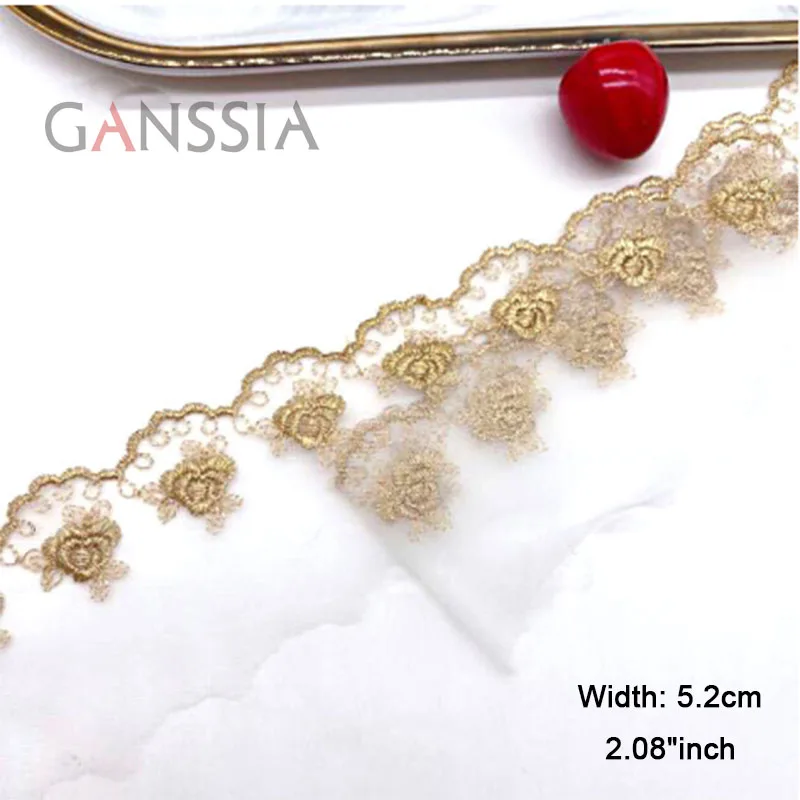 

1 ярда в ширину: 5,2 см шикарные золотые линия, розовые вышитые кружева, прочные сетчатые кружева для отделки пряжи, для рукоделия, Швейные аксессуары (KK-640)