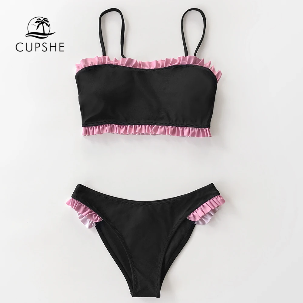 CUPSHE черный красный гофрированный бандо бикини наборы сексуальный купальник с