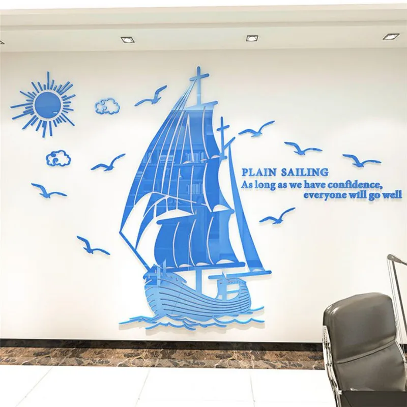 

Blue Boat Pattern 3D Wall Sticker Living Room Decorative Wall Decals Acrylic Sticker For Dinner Room Wall Home Soild Wallpaper