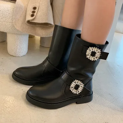 

Genuine Leather Crystal Woman Martin Boots Round Toe Square Heel Low Heel Buckle Strap Mid-Calf Riding Boots Spring Autumn Shoes